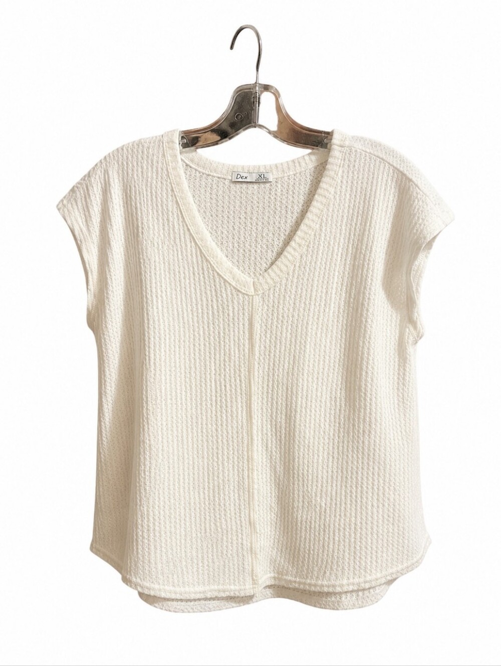 Dex Women’s XL Ivory Waffle Knit V-Neck Top Cap Sleeve Relaxed Casual Sweater